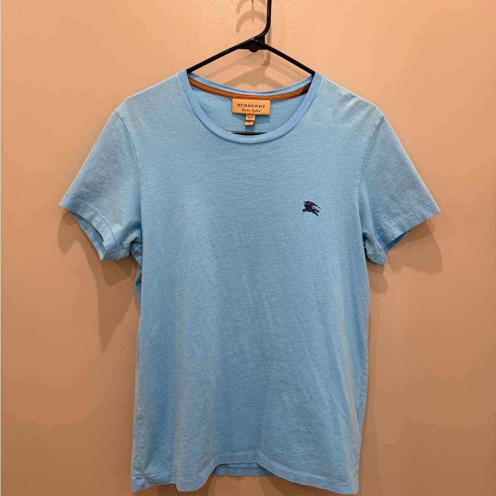 Burberry Light Blue Short Sleeve Cotton Crew Tee with Navy Logo